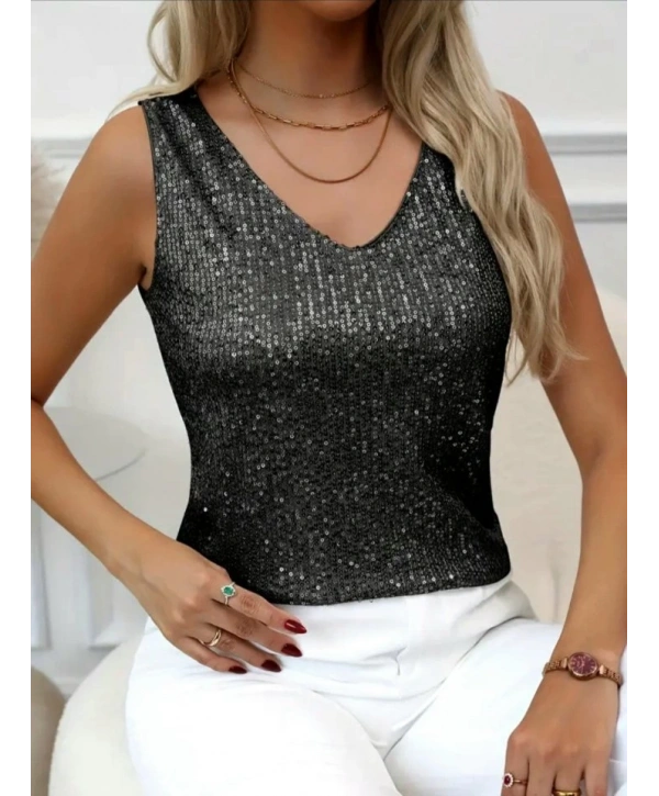 Pul Payetli Sıfır Kol Bluz -Siyah