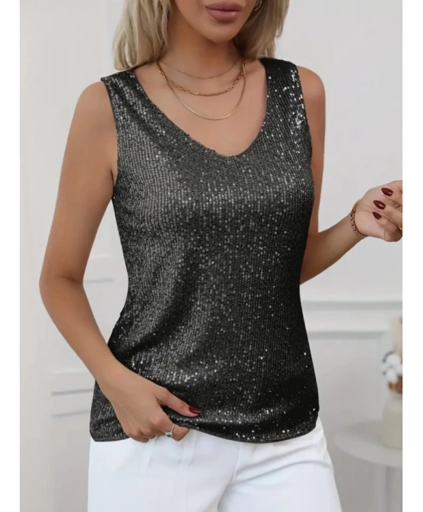 Pul Payetli Sıfır Kol Bluz -Siyah