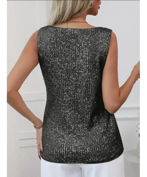 Pul Payetli Sıfır Kol Bluz -Siyah