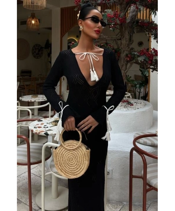 Püskül Bağcık Detaylı V Yaka Ajurlu Elbise 2850