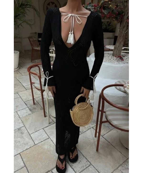 Püskül Bağcık Detaylı V Yaka Ajurlu Elbise 2850