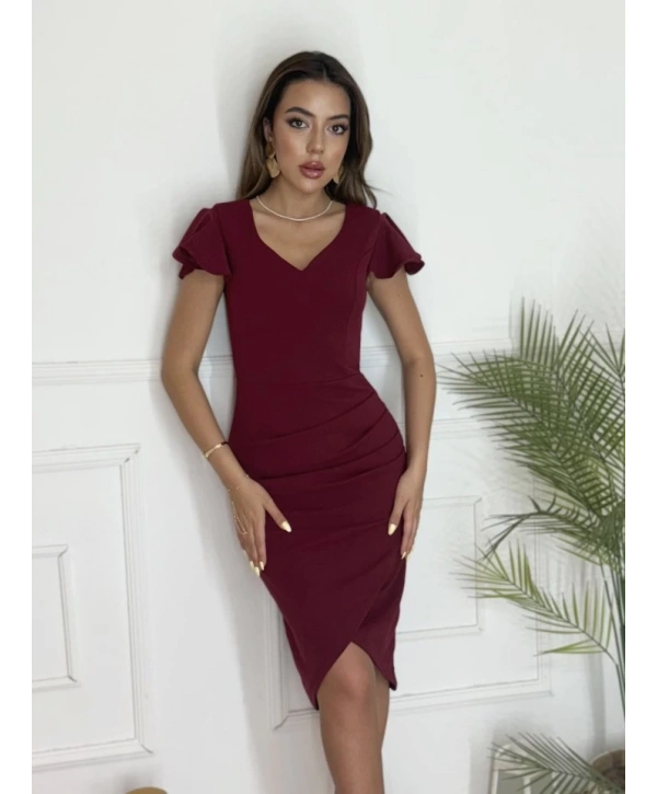 QKadın Kısa Kollu Kalp Yaka Yanlardan Büzgü Detay Midi Janjan Krep Elbise