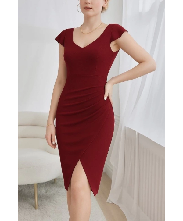 QKadın Kısa Kollu Kalp Yaka Yanlardan Büzgü Detay Midi Janjan Krep Elbise