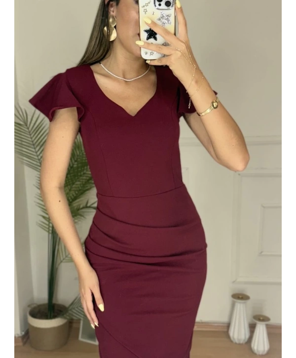 QKadın Kısa Kollu Kalp Yaka Yanlardan Büzgü Detay Midi Janjan Krep Elbise