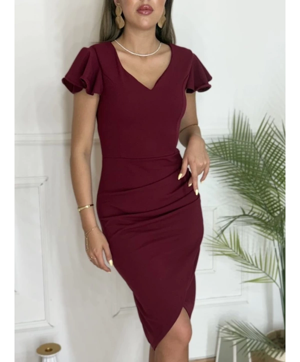 QKadın Kısa Kollu Kalp Yaka Yanlardan Büzgü Detay Midi Janjan Krep Elbise