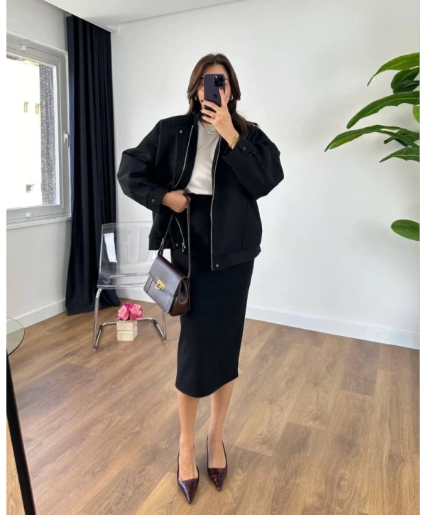 RYSE Mevsim Kaşe Fermuarlı Ceket Etek Takım Kaşmir Ceket Etekli  İkili Takım Kaşe Bomber Ceket-Etek Takım