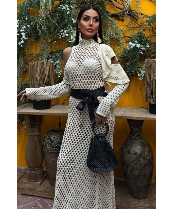 Saten Kuşaklı Ajurlu Triko Elbise 2847