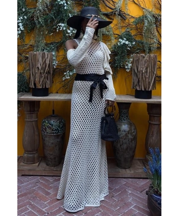 Saten Kuşaklı Ajurlu Triko Elbise 2847