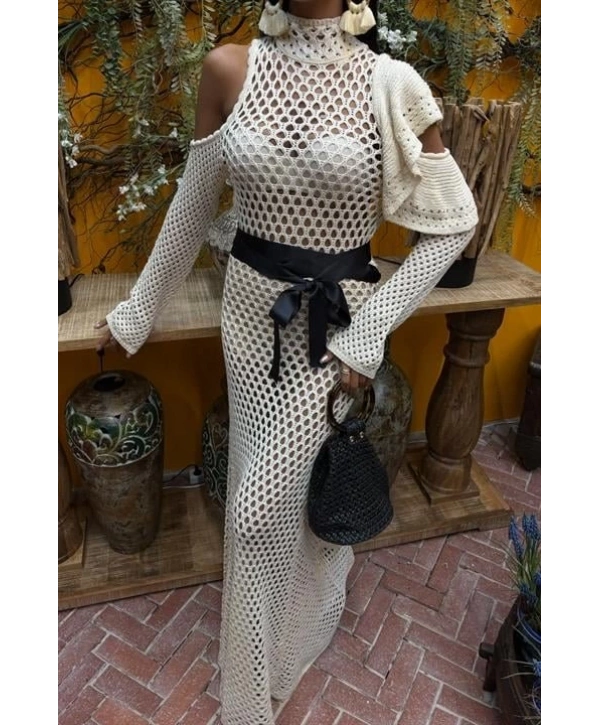 Saten Kuşaklı Ajurlu Triko Elbise 2847