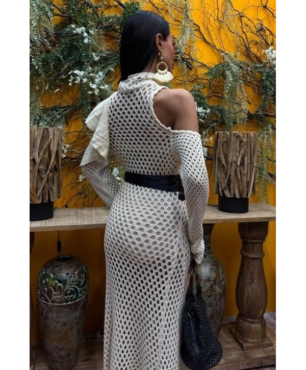 Saten Kuşaklı Ajurlu Triko Elbise 2847