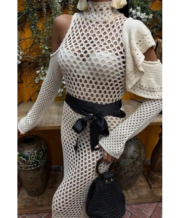 Saten Kuşaklı Ajurlu Triko Elbise 2847