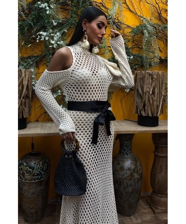 Saten Kuşaklı Ajurlu Triko Elbise 2847