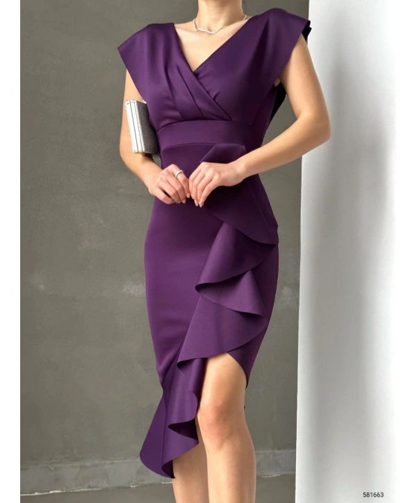 Scuba Kumaş Önü Fırfırlı Midi Boy Elbise