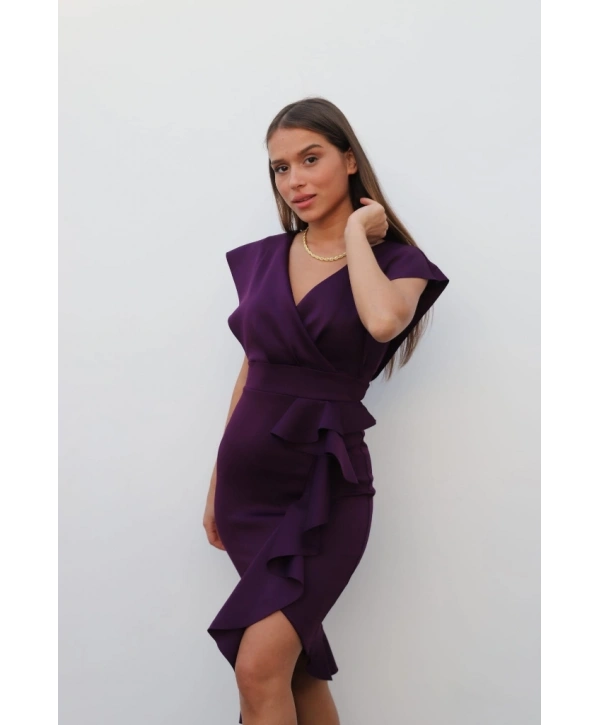 Scuba Kumaş Önü Fırfırlı Midi Boy Elbise