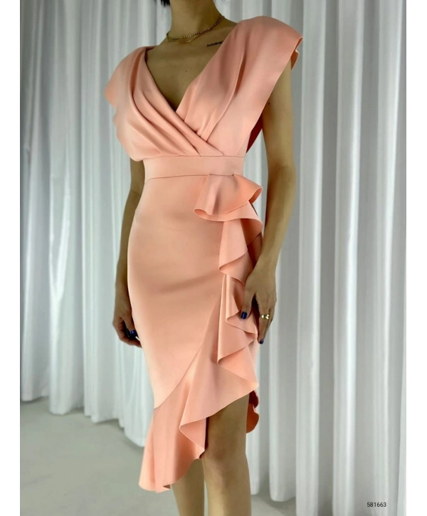 Scuba Kumaş Önü Fırfırlı Midi Boy Elbise