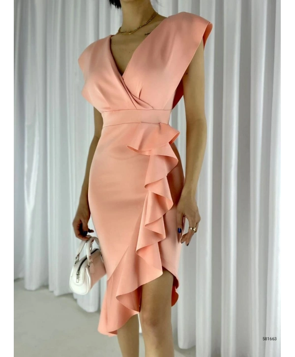 Scuba Kumaş Önü Fırfırlı Midi Boy Elbise