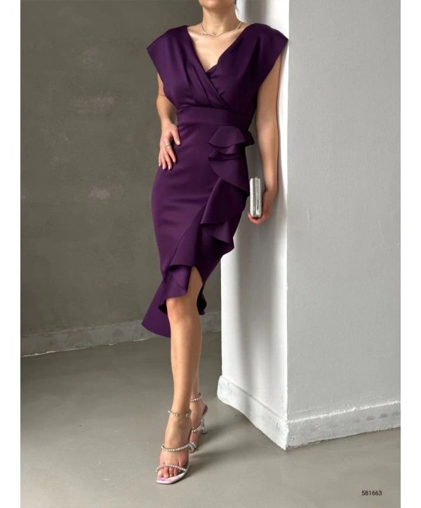 Scuba Kumaş Önü Fırfırlı Midi Boy Elbise