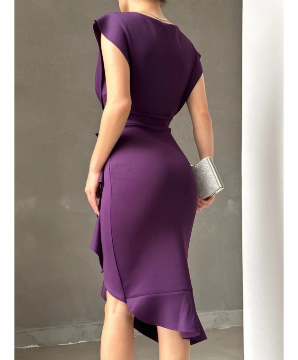 Scuba Kumaş Önü Fırfırlı Midi Boy Elbise