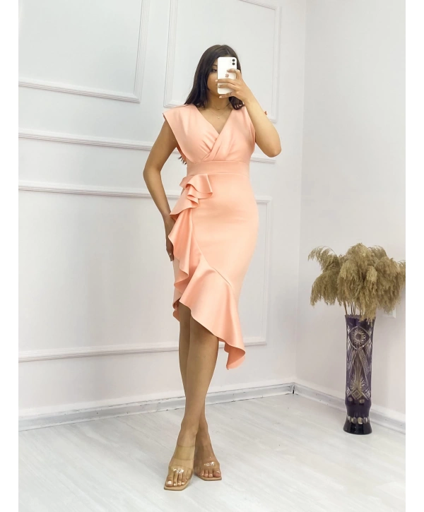 Scuba Kumaş Önü Fırfırlı Midi Boy Elbise