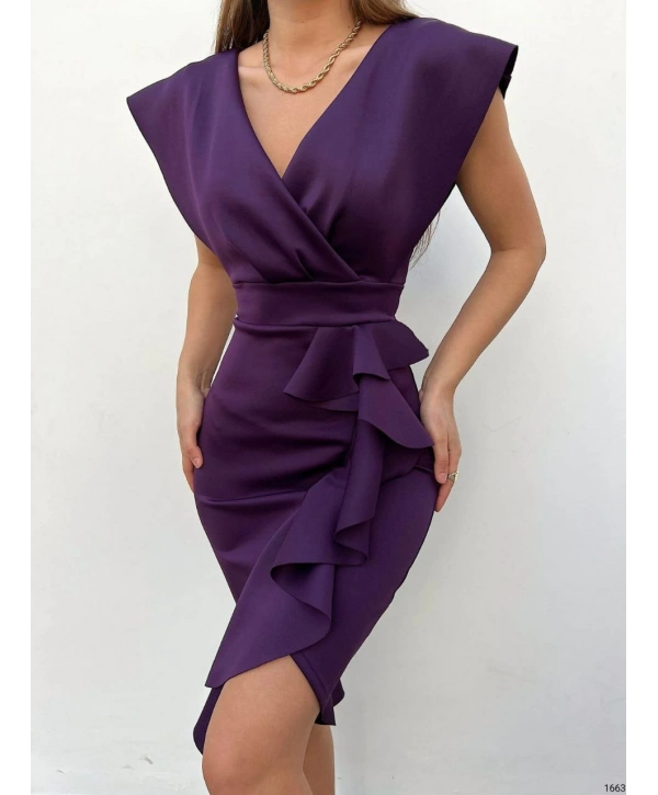 Scuba Kumaş Önü Fırfırlı Midi Boy Elbise