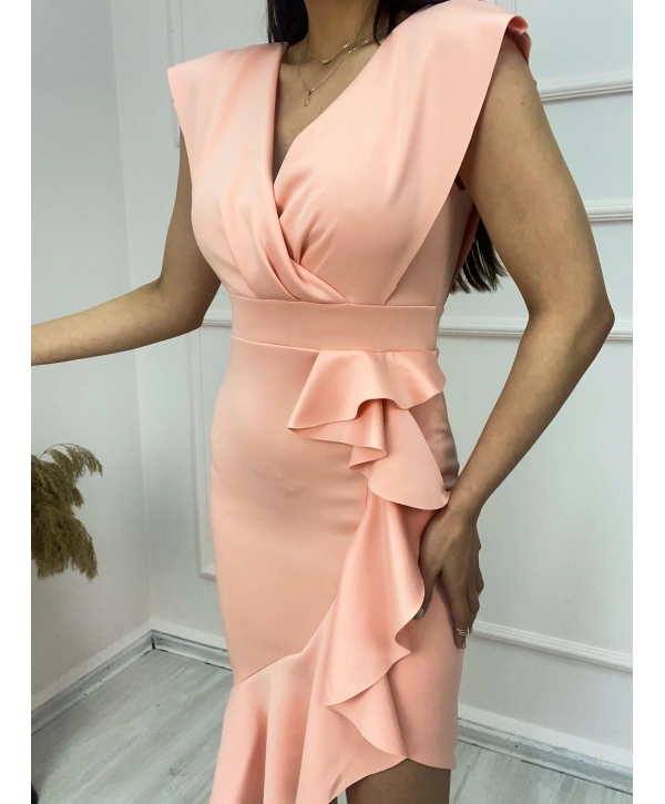 Scuba Kumaş Önü Fırfırlı Midi Boy Elbise