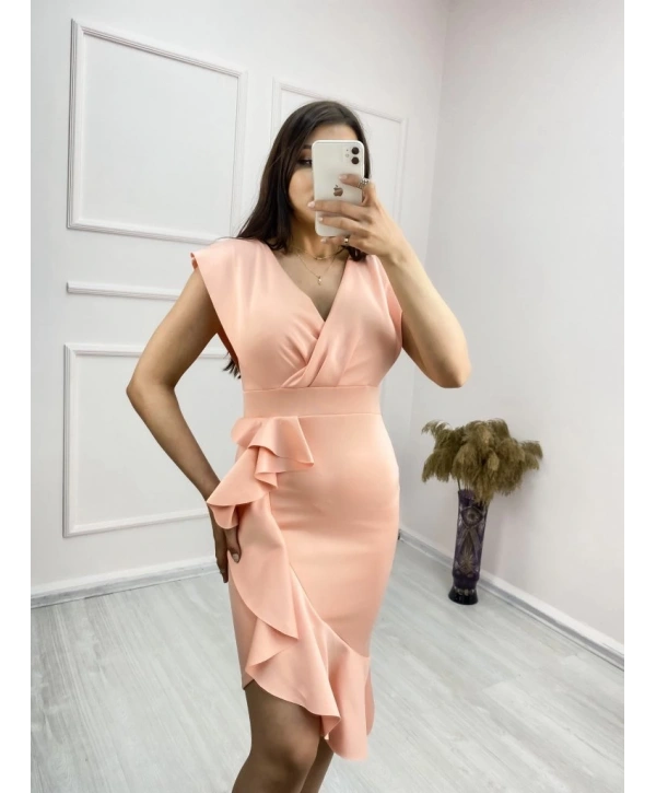 Scuba Kumaş Önü Fırfırlı Midi Boy Elbise