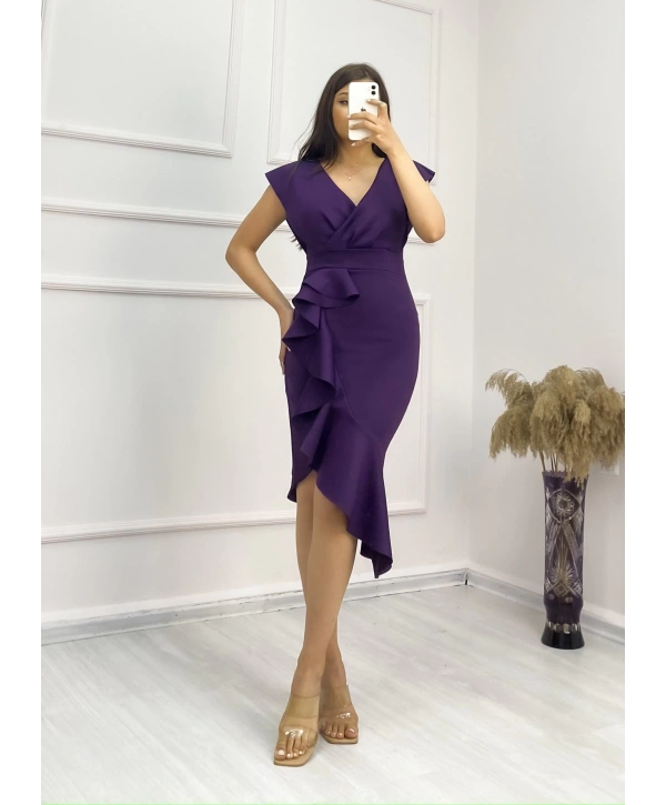 Scuba Kumaş Önü Fırfırlı Midi Boy Elbise