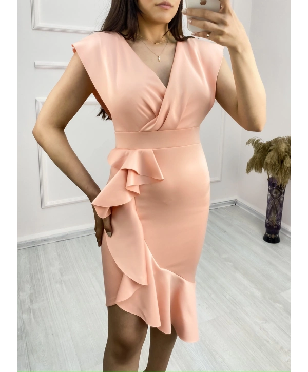 Scuba Kumaş Önü Fırfırlı Midi Boy Elbise