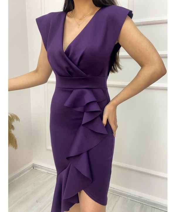 Scuba Kumaş Önü Fırfırlı Midi Boy Elbise