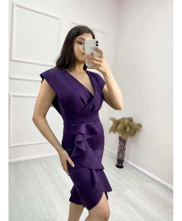 Scuba Kumaş Önü Fırfırlı Midi Boy Elbise