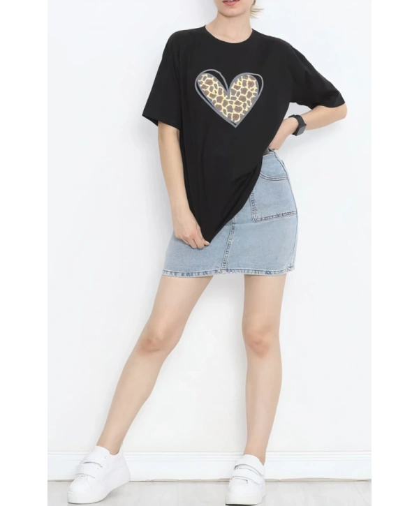 Sevgililer Günü İçin Özel Tasarım Leopar Kalp Baskılı T-shirt - Siyah