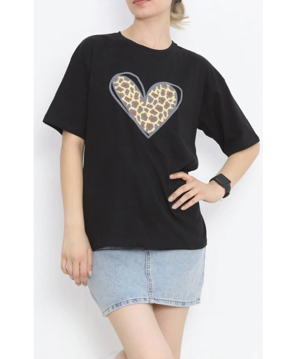 Sevgililer Günü İçin Özel Tasarım Leopar Kalp Baskılı T-shirt - Siyah
