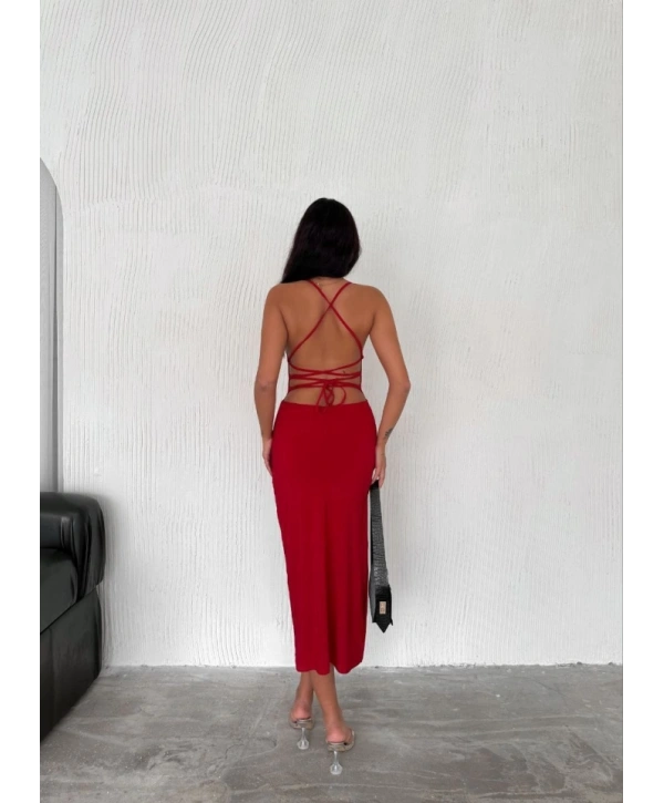 Sırt Bağlamalı Derin Yirtmaç Askılı Elbise - Kırmızı