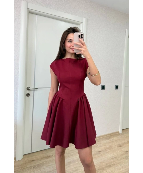 Sırt Dekolteli Çan Detaylı Mini Elbise - Bordo