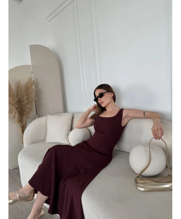 Sırt Dekolteli Kolsuz Uzun Elbise - Mürdüm