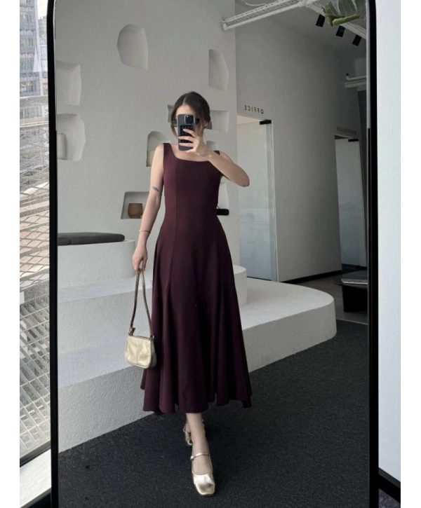 Sırt Dekolteli Kolsuz Uzun Elbise - Mürdüm