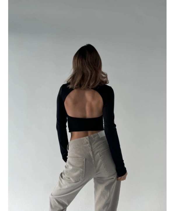 Sırt Dekoltelı Uzun Kollu Crop - Siyah
