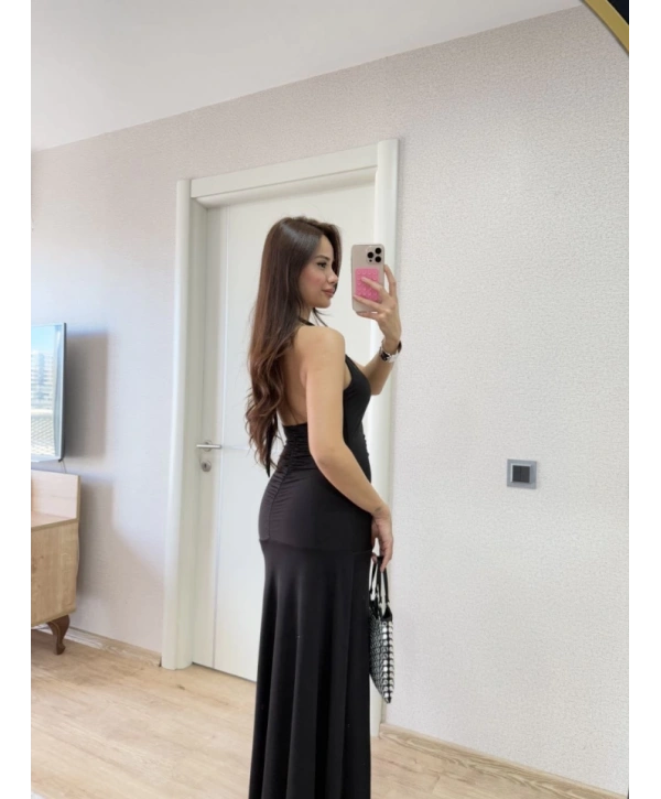 Sırt Dekolteli Uzun Kollu Elbise - Siyah