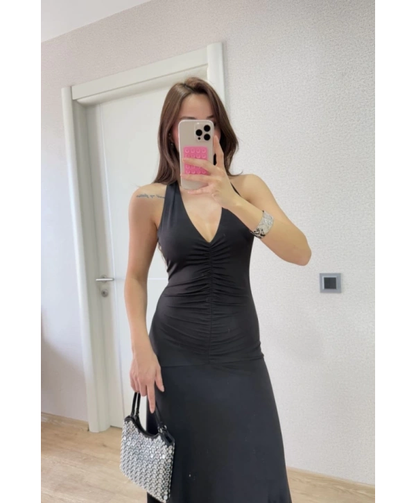 Sırt Dekolteli Uzun Kollu Elbise - Siyah