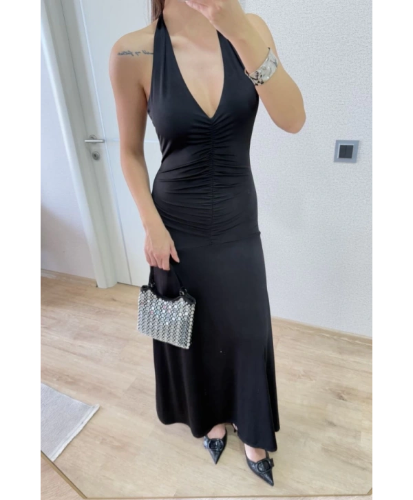 Sırt Dekolteli Uzun Kollu Elbise - Siyah