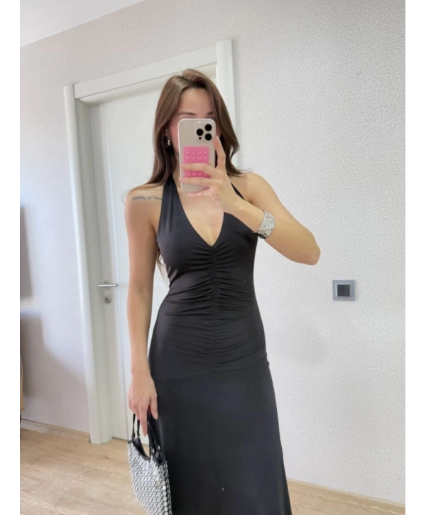 Sırt Dekolteli Uzun Kollu Elbise - Siyah