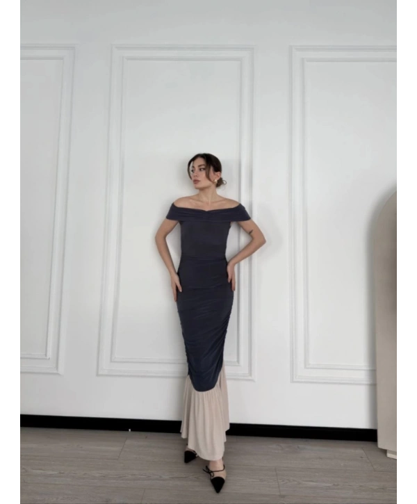 Striptiz Omuzlu Uzun Elbise- Füme