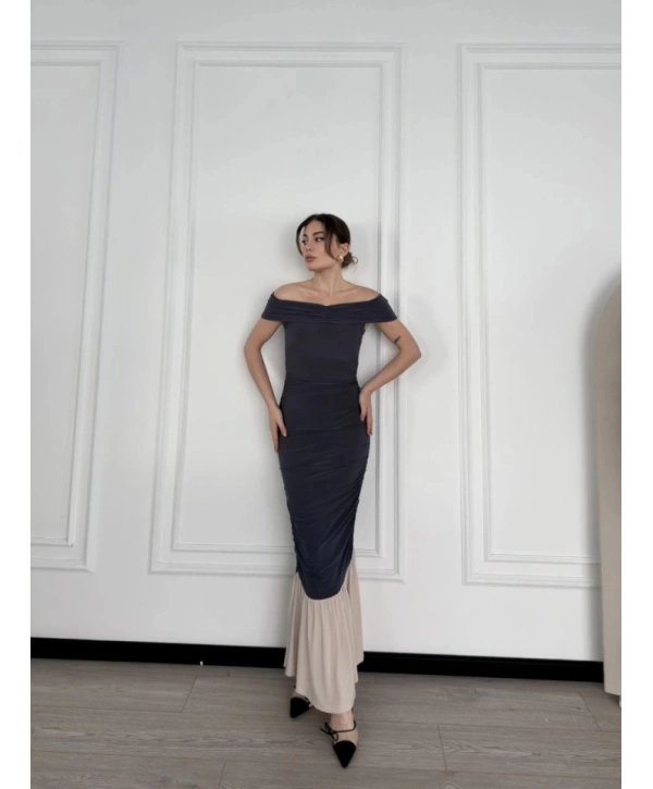Striptiz Omuzlu Uzun Elbise- Füme