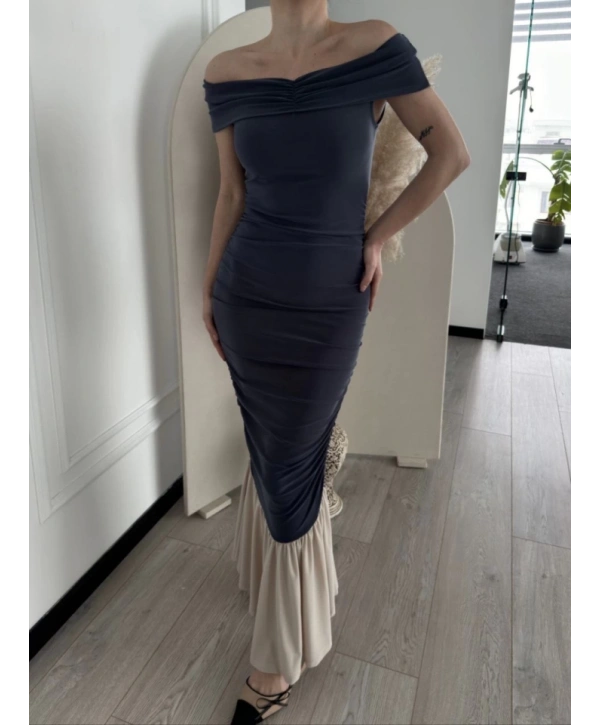 Striptiz Omuzlu Uzun Elbise- Füme