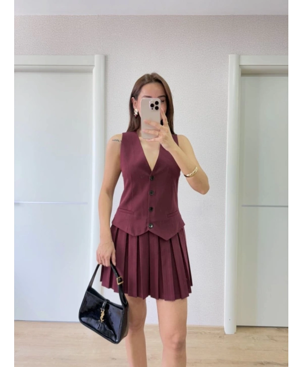 Takım Görünümlu Yelekli Mini Elbise- Bordo