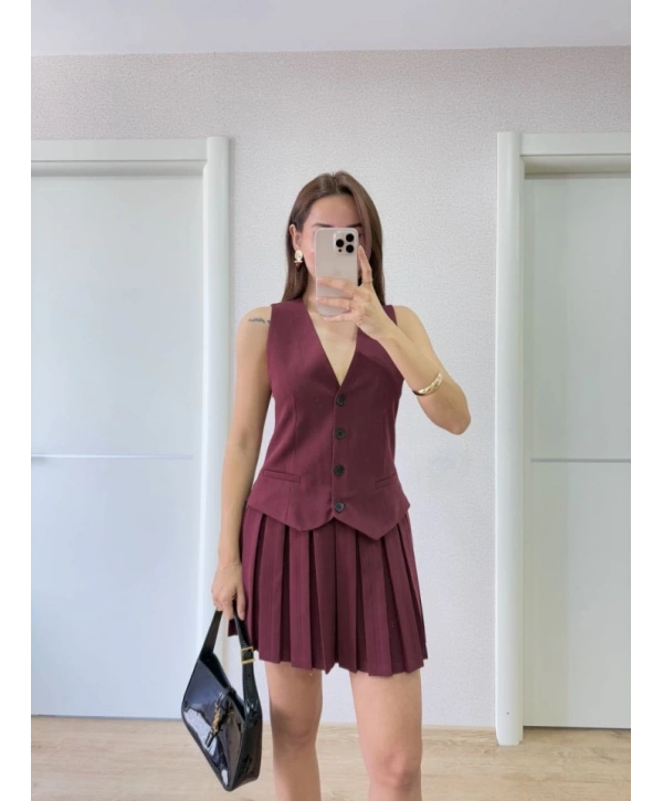 Takım Görünümlu Yelekli Mini Elbise- Bordo