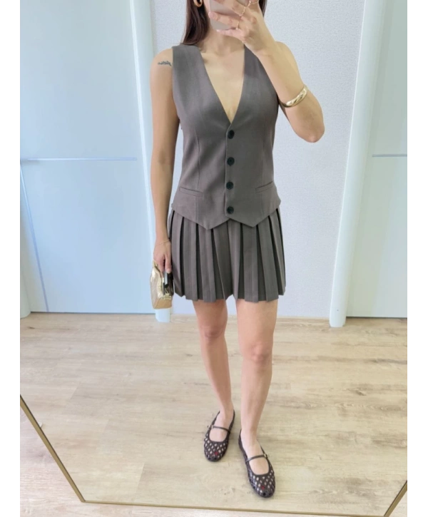 Takım Görünümlu Yelekli Mini Elbise- Füme