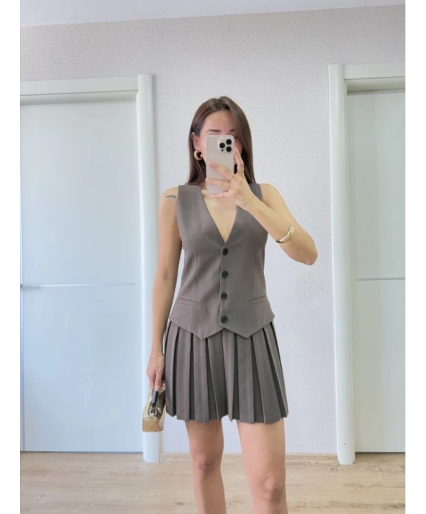 Takım Görünümlu Yelekli Mini Elbise- Füme