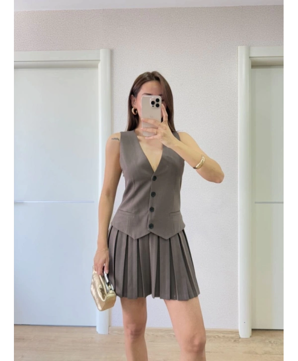 Takım Görünümlu Yelekli Mini Elbise- Füme
