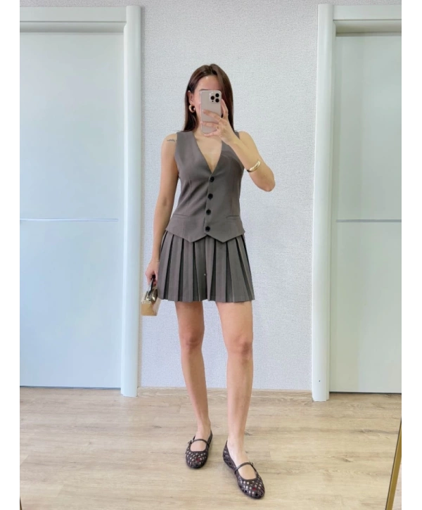 Takım Görünümlu Yelekli Mini Elbise- Füme